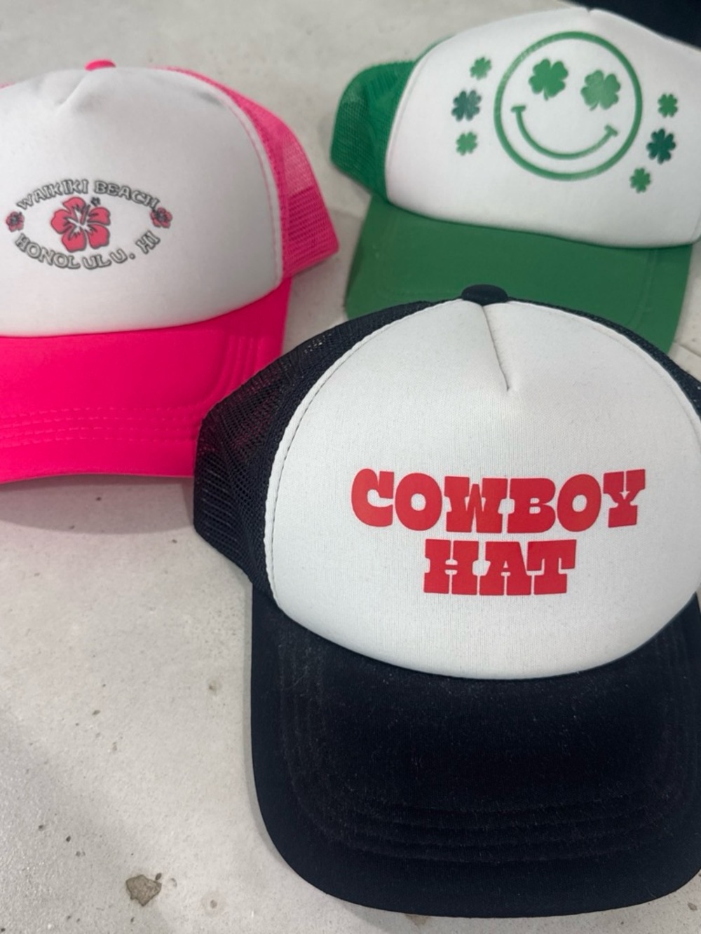 3 Trucker Hats. Black, Pink, Green. Great for different events.